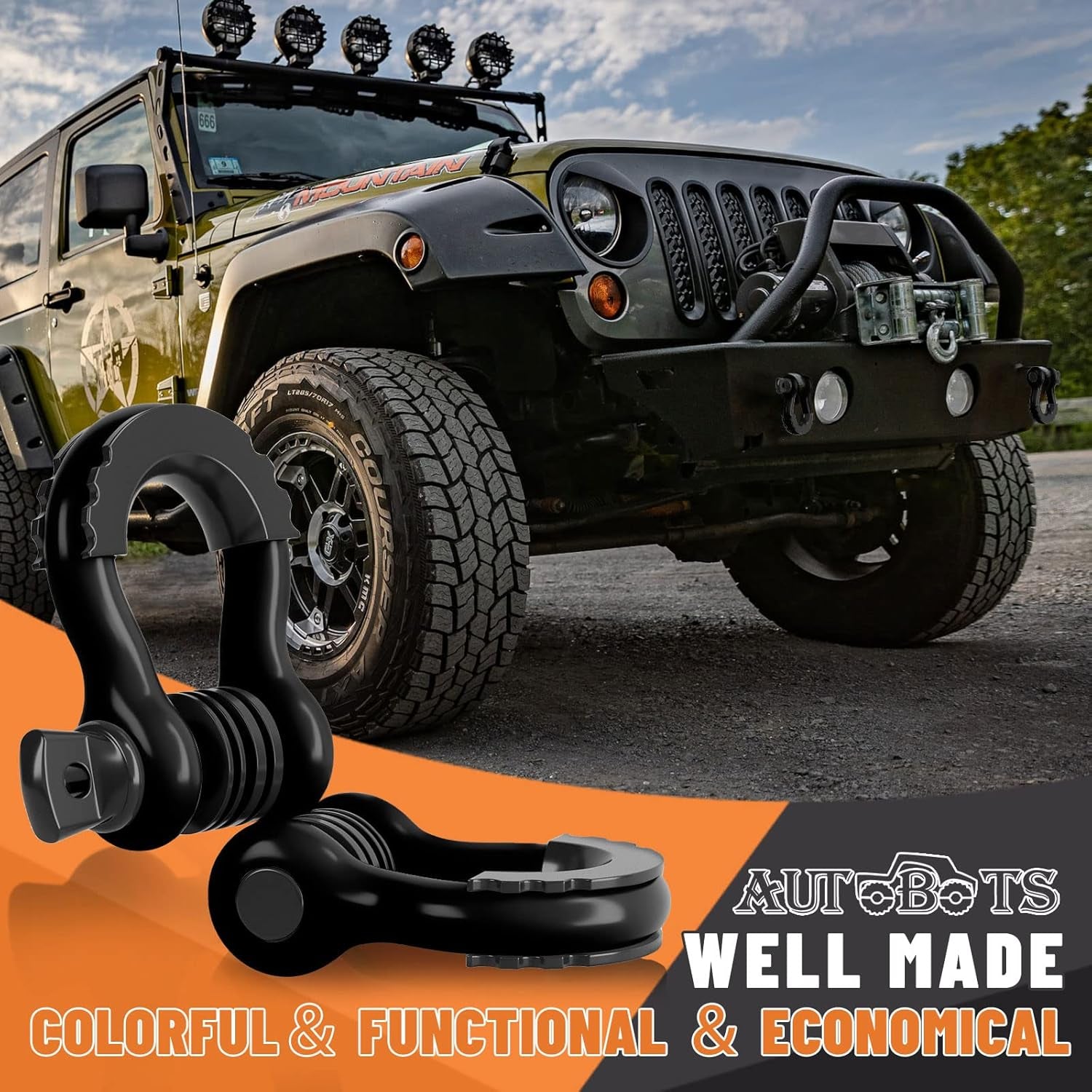 Bow Shackles 3/4" D Ring Shackle (2 Pack), 48,000Ib Break Strength with 7/8" Pin, 2 Isolator and 4 Washers Kit for Offroad Vehicle Truck Recovery Black