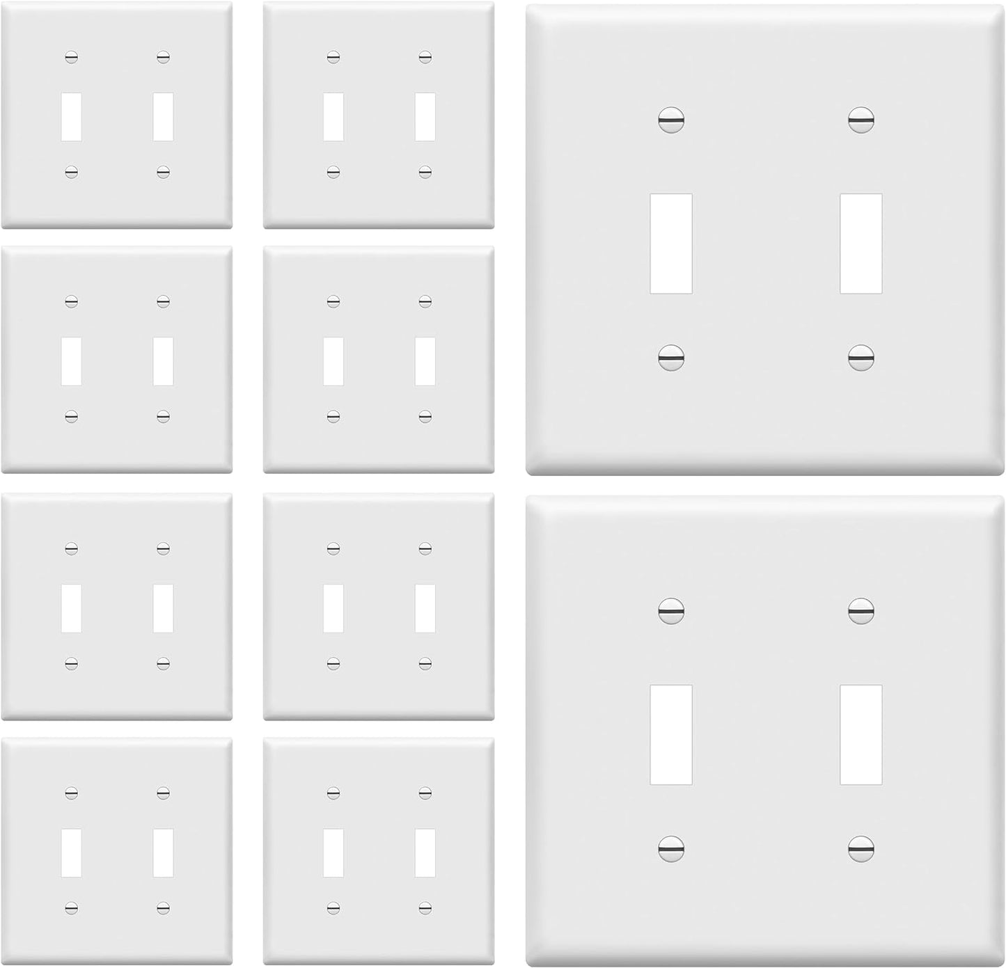Double Toggle Light Switch Wall Plate, Size 2-Gang 4.50" X 4.57", Unbreakable Polycarbonate Thermoplastic, 8812-W-10PCS, White (10 Pack)