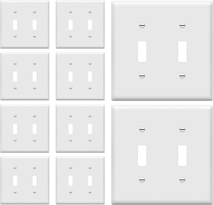 Double Toggle Light Switch Wall Plate, Size 2-Gang 4.50" X 4.57", Unbreakable Polycarbonate Thermoplastic, 8812-W-10PCS, White (10 Pack)