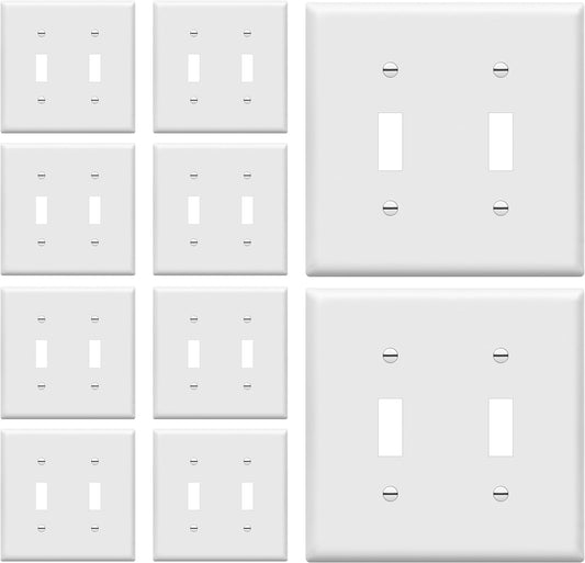 Double Toggle Light Switch Wall Plate, Size 2-Gang 4.50" X 4.57", Unbreakable Polycarbonate Thermoplastic, 8812-W-10PCS, White (10 Pack)