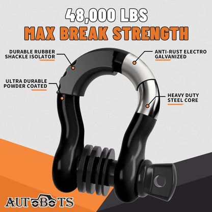 Bow Shackles 3/4" D Ring Shackle (2 Pack), 48,000Ib Break Strength with 7/8" Pin, 2 Isolator and 4 Washers Kit for Offroad Vehicle Truck Recovery Black