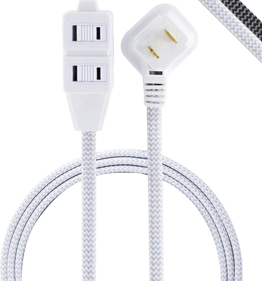 GE 6 Ft Designer Braided Extension Cord, 3 Outlets Power Strip, 2 Prong Outlets, Flat Plug, Tangle-Free Power Cord, Perfect for Home, Office or Kitchen, UL Listed, Gray & White, 42383