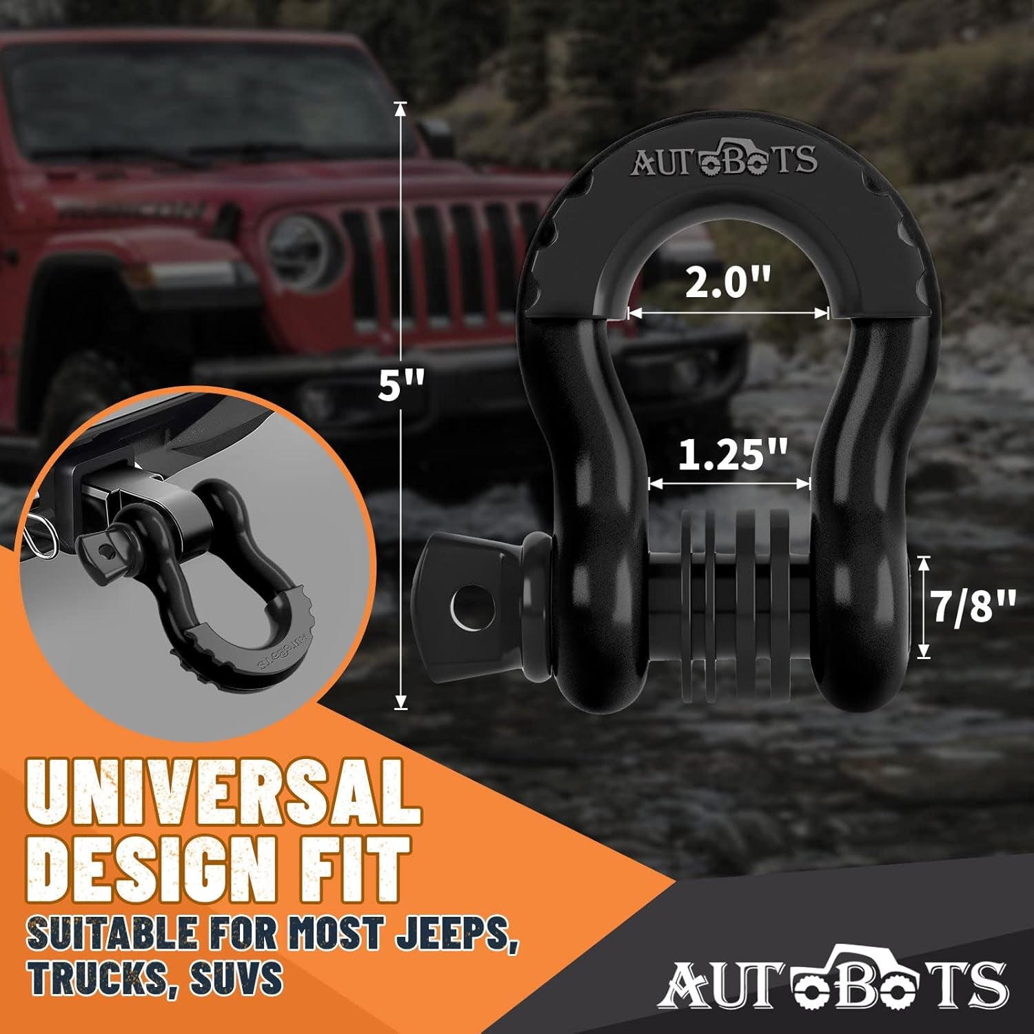 Bow Shackles 3/4" D Ring Shackle (2 Pack), 48,000Ib Break Strength with 7/8" Pin, 2 Isolator and 4 Washers Kit for Offroad Vehicle Truck Recovery Black