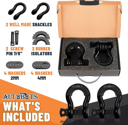 Bow Shackles 3/4" D Ring Shackle (2 Pack), 48,000Ib Break Strength with 7/8" Pin, 2 Isolator and 4 Washers Kit for Offroad Vehicle Truck Recovery Black