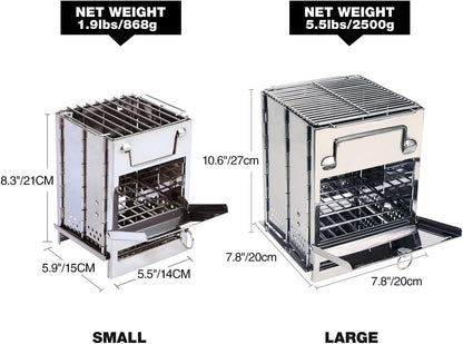 Camping Wood Burning Stove, Stainless Steel Compact Portable Foldable Mini Mult Fuel Camp Stove with Storage Bag, Perfect for Backpacking Hiking Outdoor Cooking Picnic BBQ (Silver-Large)