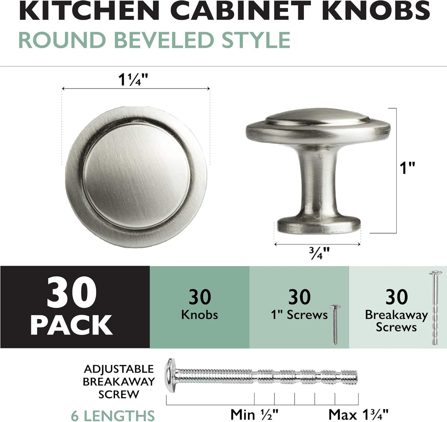 Satin Nickel Kitchen Cabinet Knobs - 1 1/4 Inch round Drawer Handles - 30 Pack of Kitchen Cabinet Hardware